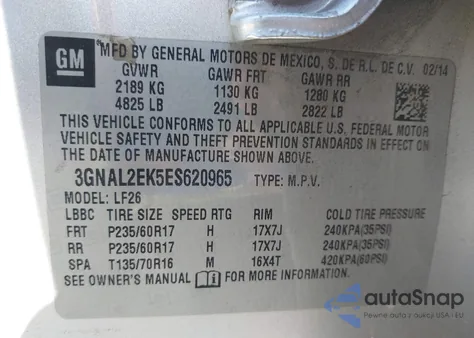 2014 Chevrolet Captiva Sport 2Ls from USA, damaged, VIN 3GNAL2EK5ES620965